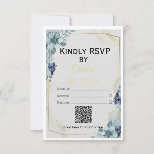 Dusty Blue Floral Gold Geometric Wedding Suite RSVP Kaartje (Voorkant)
