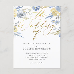 Dusty Blue Floral Gold Script Weddenschap Uitnodiging Briefkaart