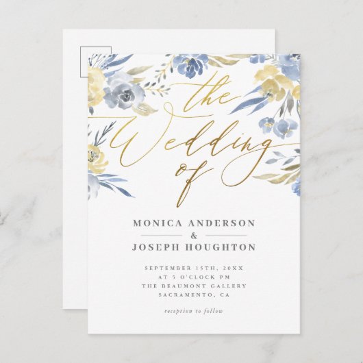 Dusty Blue Floral Gold Script Weddenschap Uitnodiging Briefkaart (Voorkant / Achterkant)