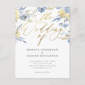 Dusty Blue Floral Gold Script Weddenschap Uitnodiging Briefkaart (Voorkant)