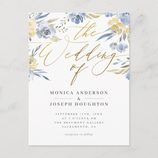 Dusty Blue Floral Gold Script Weddenschap Uitnodiging Briefkaart (Voorkant)