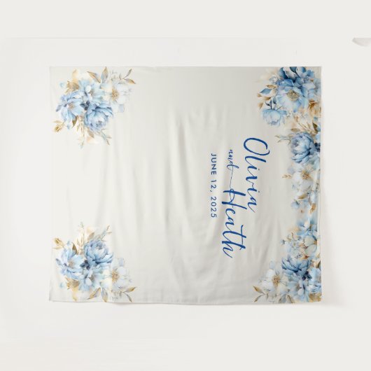 Dusty Blue Floral Gold Wandkleed (Voorkant (horizontaal))