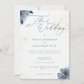 Dusty Blue Floral Gold Wedding Invitation Kaart (Voorkant)