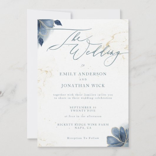 Dusty Blue Floral Gold Wedding Invitation Kaart (Voorkant)