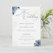 Dusty Blue Floral Gold Wedding Invitation Kaart (Staand voorkant)