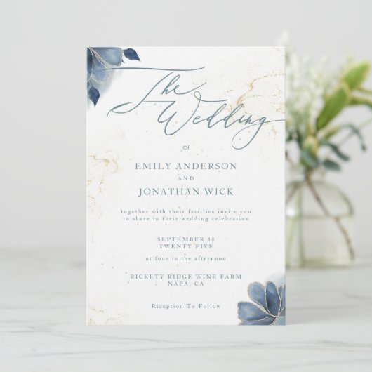 Dusty Blue Floral Gold Wedding Invitation Kaart (Staand voorkant)