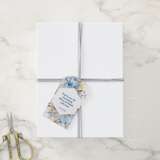 Dusty Blue Floral Gold Wedding Shower Cadeaulabel (Met Touw)