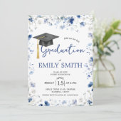 Dusty Blue Floral Graduation Party Invite Kaart (Staand voorkant)