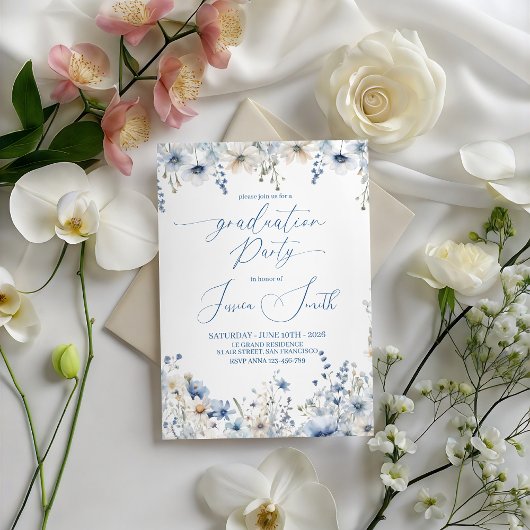 Dusty Blue Floral Graduation Party Invite Kaart