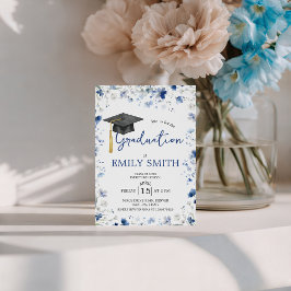 Dusty Blue Floral Graduation Party Invite Kaart