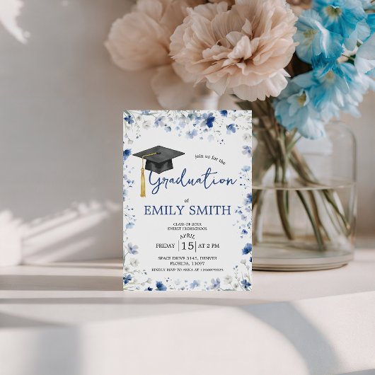 Dusty Blue Floral Graduation Party Invite Kaart