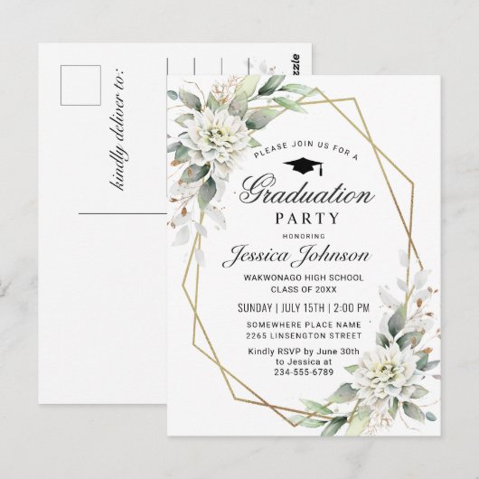 Dusty Blue Floral Graduation Party Uitnodiging (Voorkant / Achterkant)