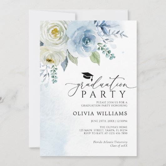 Dusty Blue Floral Graduation Party Uitnodiging (Voorkant)