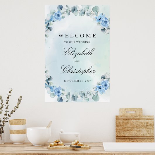 Dusty Blue Floral Green Eucalyptus Weclome Sign Poster (Keuken)