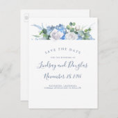 Dusty Blue Floral Green Hydrangea Save the Date Aankondigingskaart (Voorkant / Achterkant)