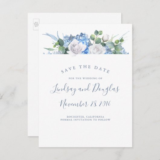 Dusty Blue Floral Green Hydrangea Save the Date Aankondigingskaart (Voorkant / Achterkant)