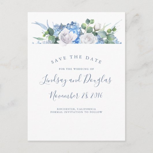 Dusty Blue Floral Green Hydrangea Save the Date Aankondigingskaart (Voorkant)