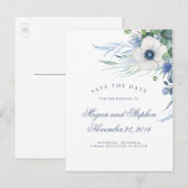 Dusty Blue Floral Green Modern Save the Date Aankondigingskaart (Voorkant / Achterkant)