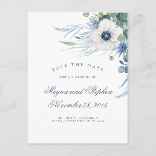 Dusty Blue Floral Green Modern Save the Date Aankondigingskaart (Voorkant)