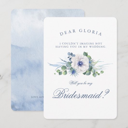 Dusty Blue Floral Greenery Bridesmaid Voorstel Kaart (Voorkant / Achterkant)