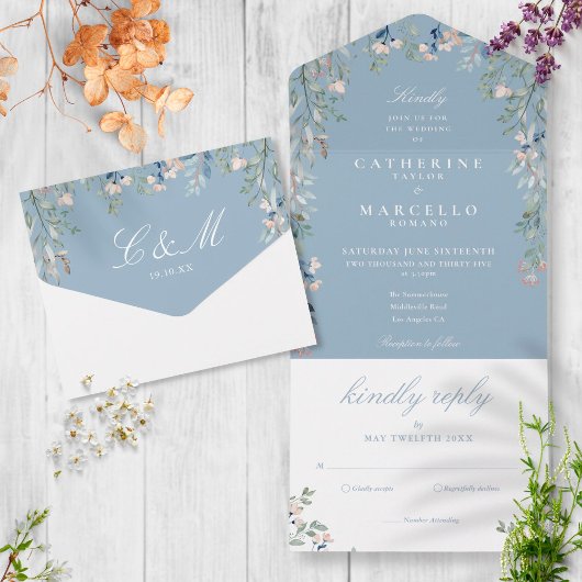 Dusty Blue Floral Greenery Cascade Wedding All In One Uitnodiging