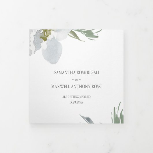 Dusty Blue Floral Greenery drivoudig huwelijk uitn Drieluik Uitnodiging (Cover)