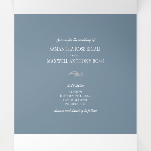 Dusty Blue Floral Greenery drivoudig huwelijk uitn Drieluik Uitnodiging (Binnenkant midden)