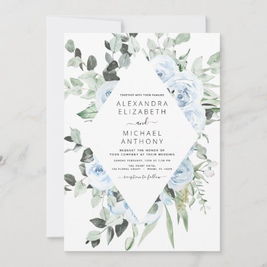 Dusty Blue Floral Greenery Eucalyptus Wedding Invi Kaart (Voorkant)