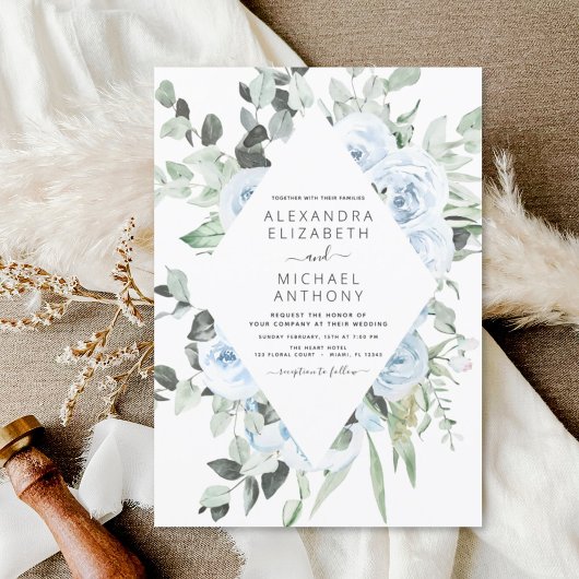 Dusty Blue Floral Greenery Eucalyptus Wedding Invi Kaart