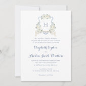 Dusty Blue Floral Greenery Monogram Crest Wedding Kaart (Voorkant)