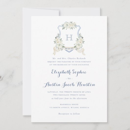 Dusty Blue Floral Greenery Monogram Crest Wedding Kaart (Voorkant)