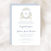 Dusty Blue Floral Greenery Monogram Crest Wedding Kaart