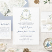 Dusty Blue Floral Greenery Monogram Crest Wedding Kaart