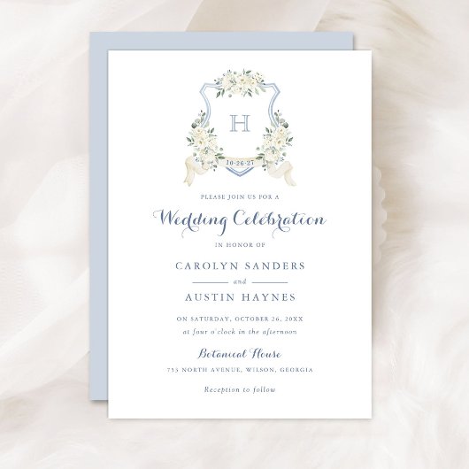 Dusty Blue Floral Greenery Monogram Crest Wedding Kaart