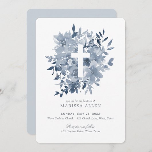 Dusty Blue Floral Greenery Neutral Baptisme Kaart (Voorkant / Achterkant)