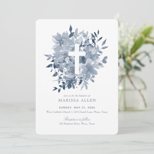 Dusty Blue Floral Greenery Neutral Baptisme Kaart (Staand voorkant)