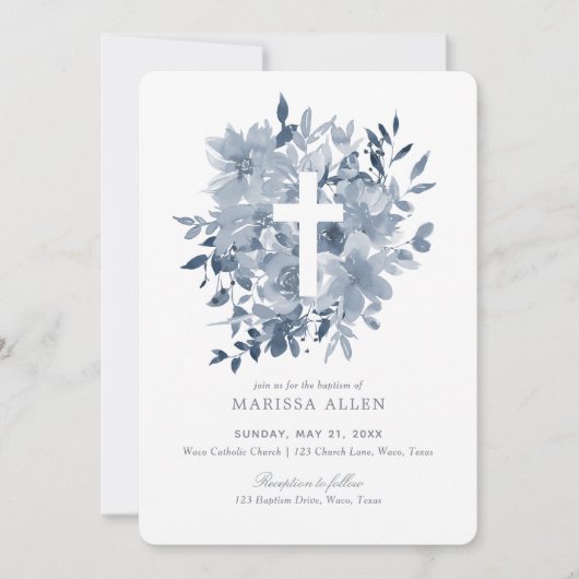 Dusty Blue Floral Greenery Neutral Baptisme Kaart (Voorkant)