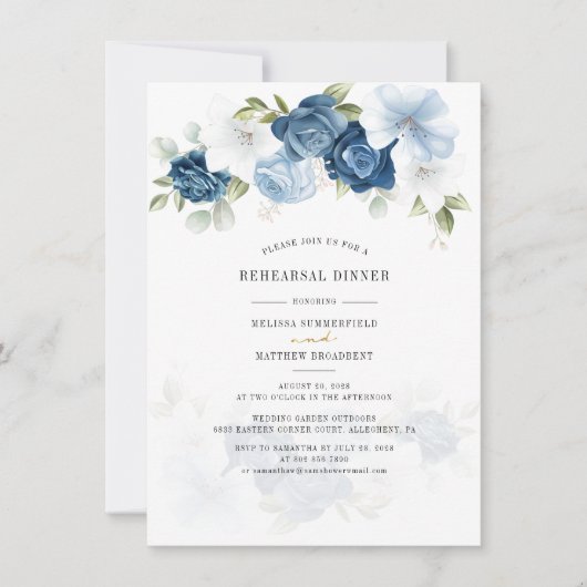 Dusty Blue Floral Greenery Rehearsal Dinner Kaart (Voorkant)