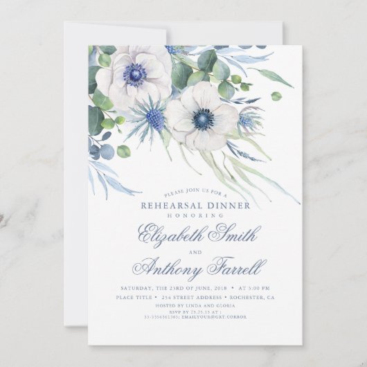 Dusty Blue Floral Greenery Rehearsal Dinner Kaart (Voorkant)