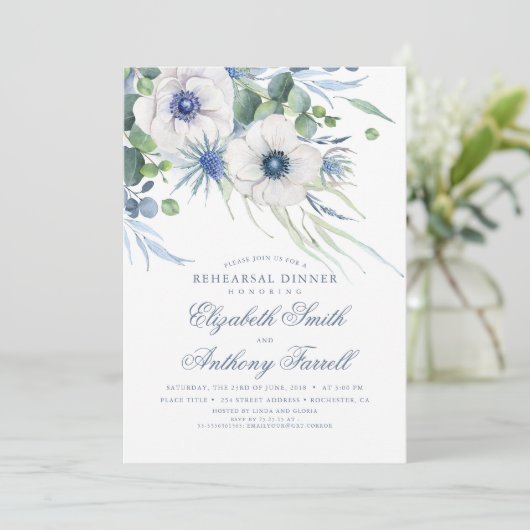 Dusty Blue Floral Greenery Rehearsal Dinner Kaart (Staand voorkant)