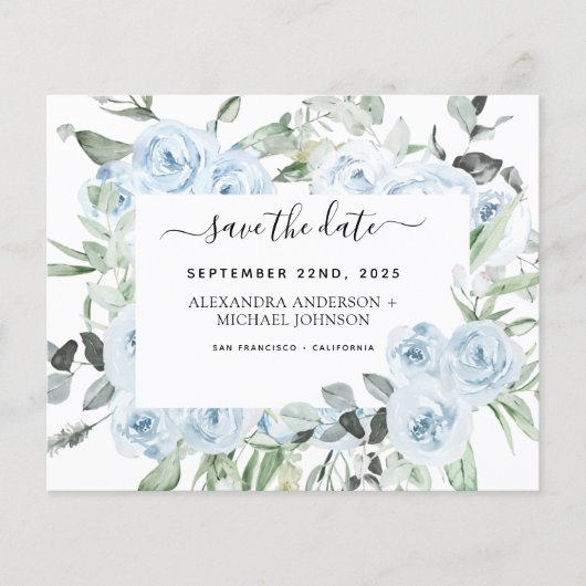 Dusty Blue Floral Greenery Save the Date Invitati (Voorkant)
