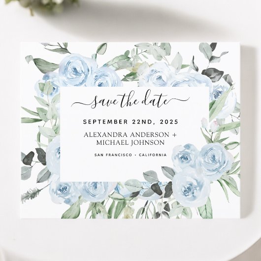 Dusty Blue Floral Greenery Save the Date Invitati