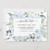 Dusty Blue Floral Greenery Save the Date Kaart (Voorkant)
