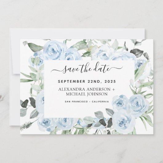 Dusty Blue Floral Greenery Save the Date Kaart (Voorkant)