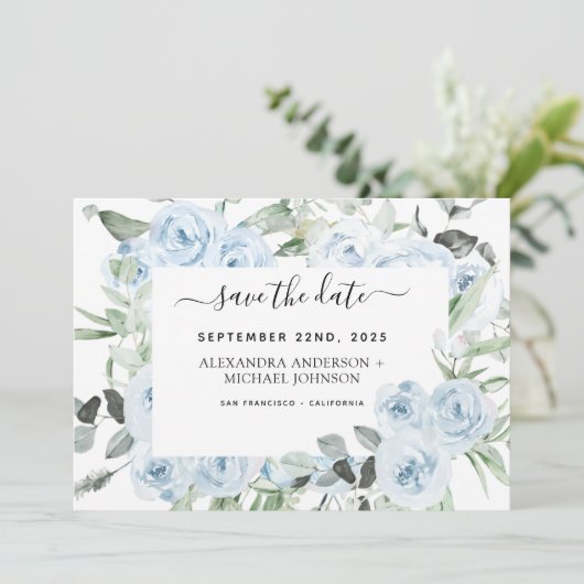 Dusty Blue Floral Greenery Save the Date Kaart (Staand voorkant)