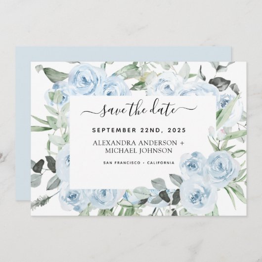 Dusty Blue Floral Greenery Save the Date Kaart (Voorkant / Achterkant)