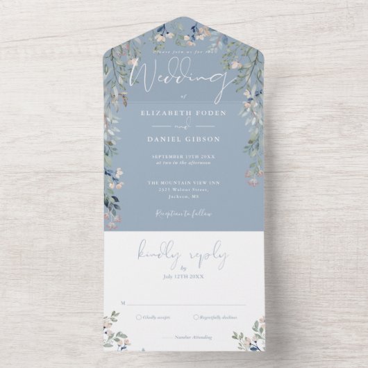 Dusty Blue Floral Greenery Script Wedding All In One Uitnodiging (Binnen)