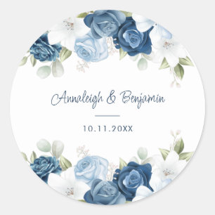 Dusty Blue Floral Greenery Script Wedding Ronde Sticker