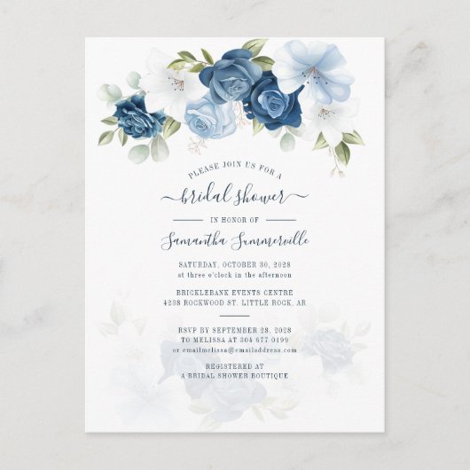 Dusty Blue Floral Greenery Vrijgezellenfeest Uitnodiging Briefkaart (Voorkant)