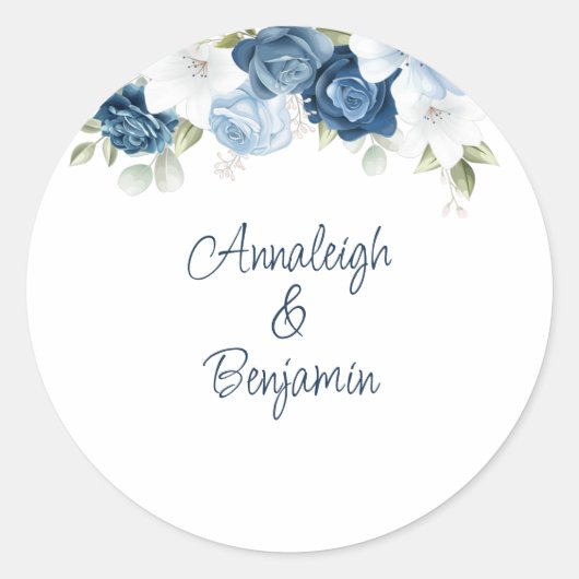Dusty Blue Floral Greenery Wedding Custom Ronde Sticker (Voorkant)